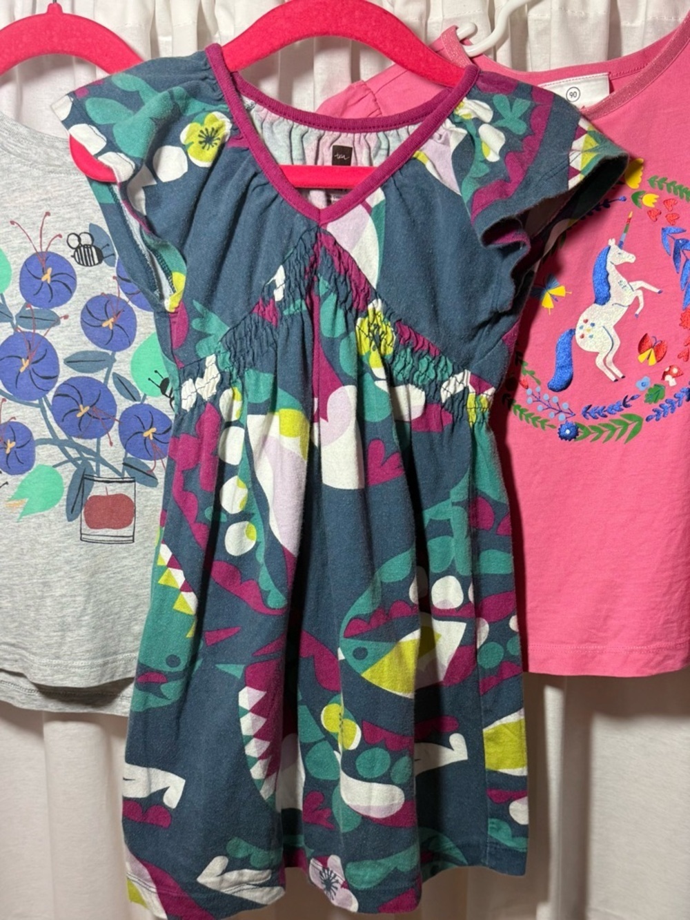 Girls Bundle Floral Print Cotton Dress and two tops - Teal & Pink